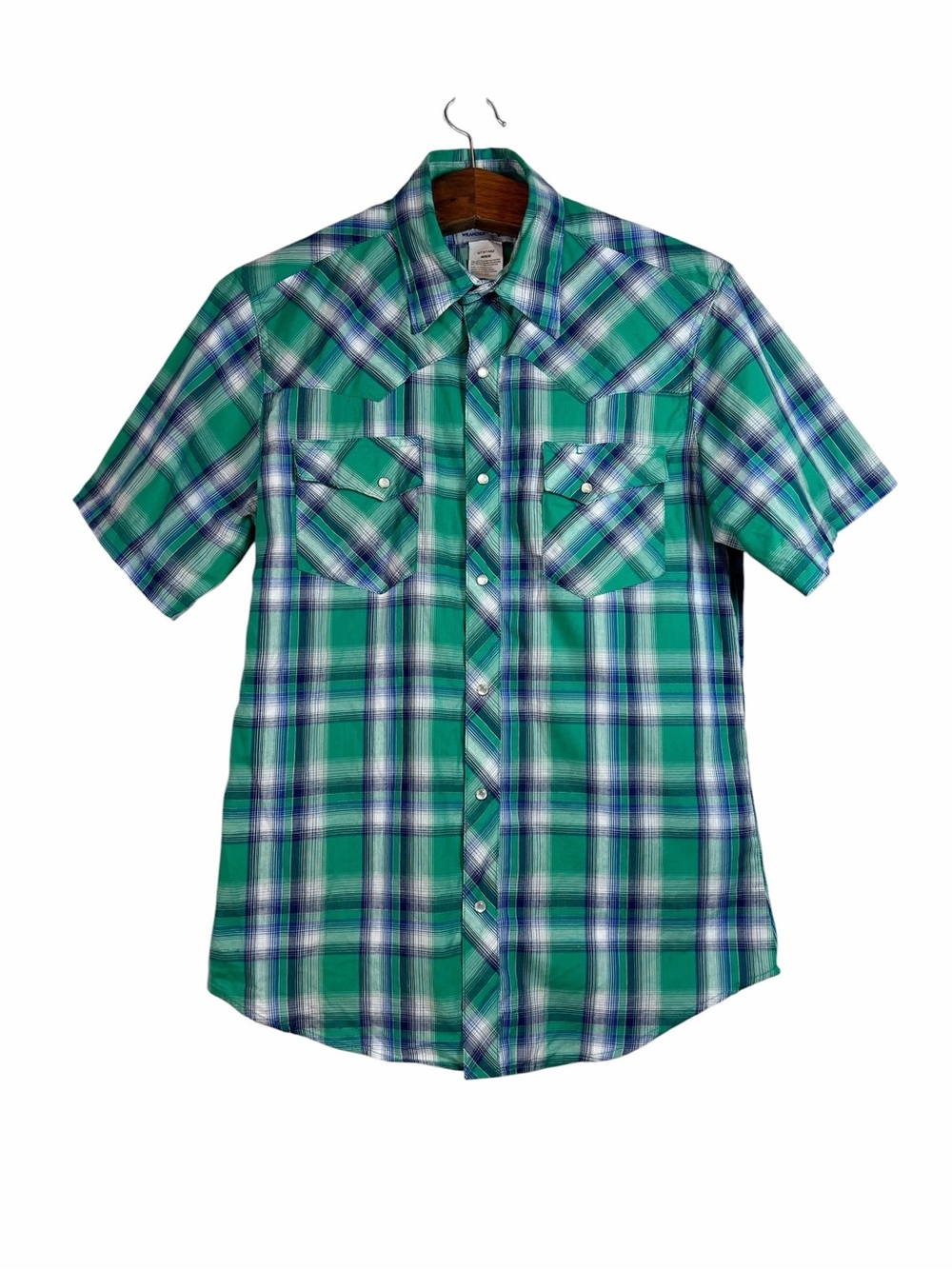Vintage 90s Wrangler Western Shirt Blue & Green Plaid Pearl Snaps Men's Size M